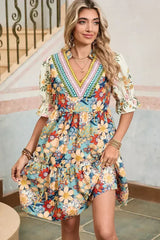 Multicolor Allover Floral Print Tiered Pop of Color Neckline Dress - Femstylo