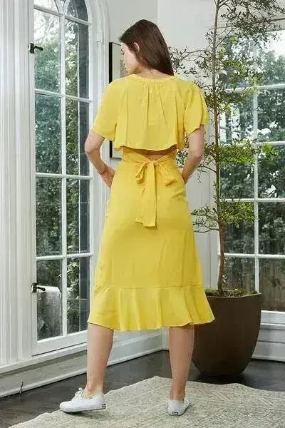 Women's Tie Waist Cape Sleeve Cropped Blouse in Yellow | Femstylo - Femstylo