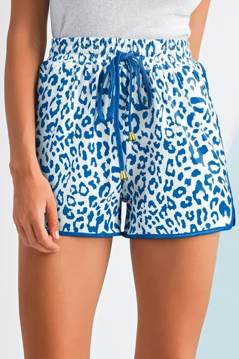 Blue Leopard Elastic Waist Lace up Contrast Trim Casual Shorts - Femstylo
