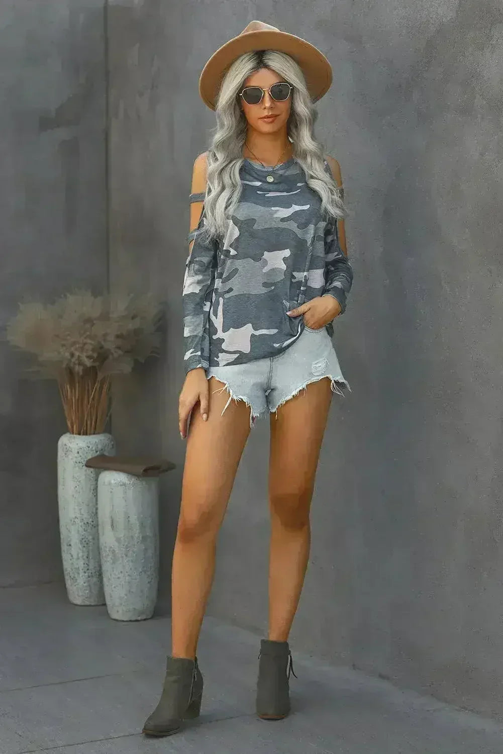 Camouflage Shoulder To Hollow Out Long Sleeve Top - Femstylo