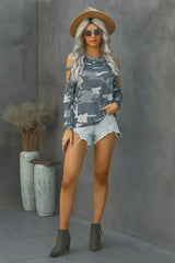 Camouflage Shoulder To Hollow Out Long Sleeve Top - Femstylo