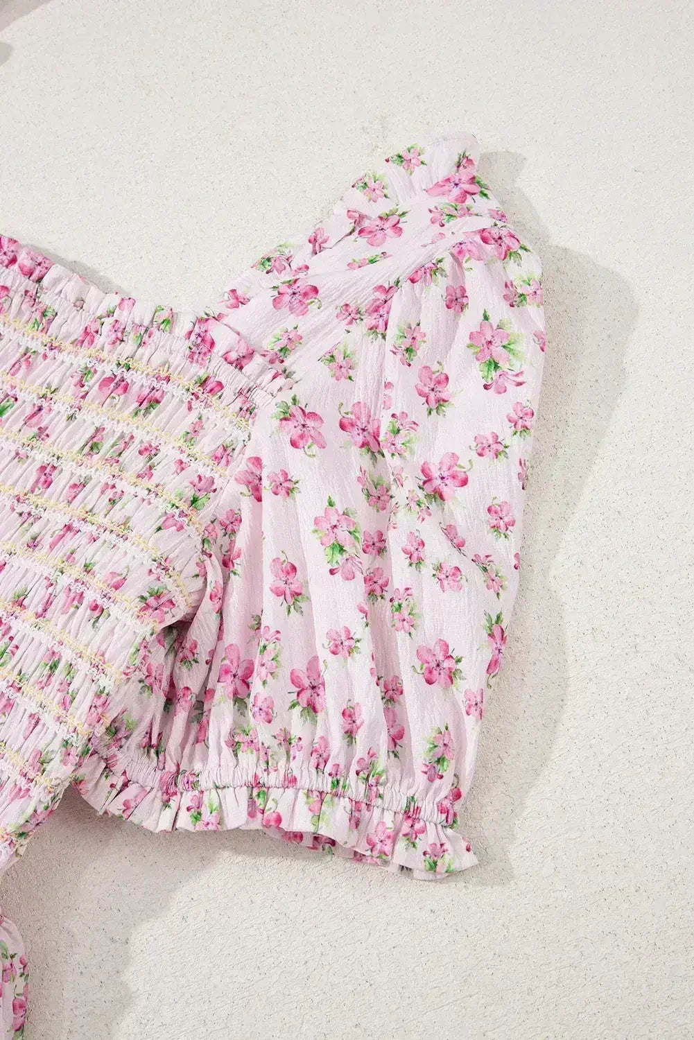 White Frill Neckline Shirred Bodice Floral Maxi Dress - Femstylo