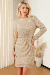 Twisted Long Sleeve Ruched Mini Sequin Dress - Femstylo
