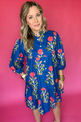 Blue Floral Print Button Front 3/4 Puff Sleeve Ruffle Hem Dress