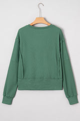 Evergreen Solid Color Raw Seam Patchwork Ribbed Drop Shoulder Sweatshirt