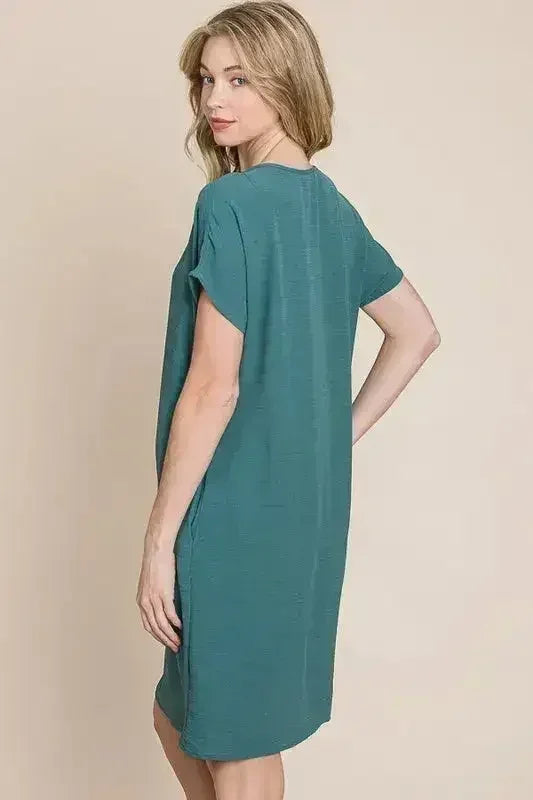 BOMBOM V-Neck Short Sleeve Dress with Pockets - Femstylo