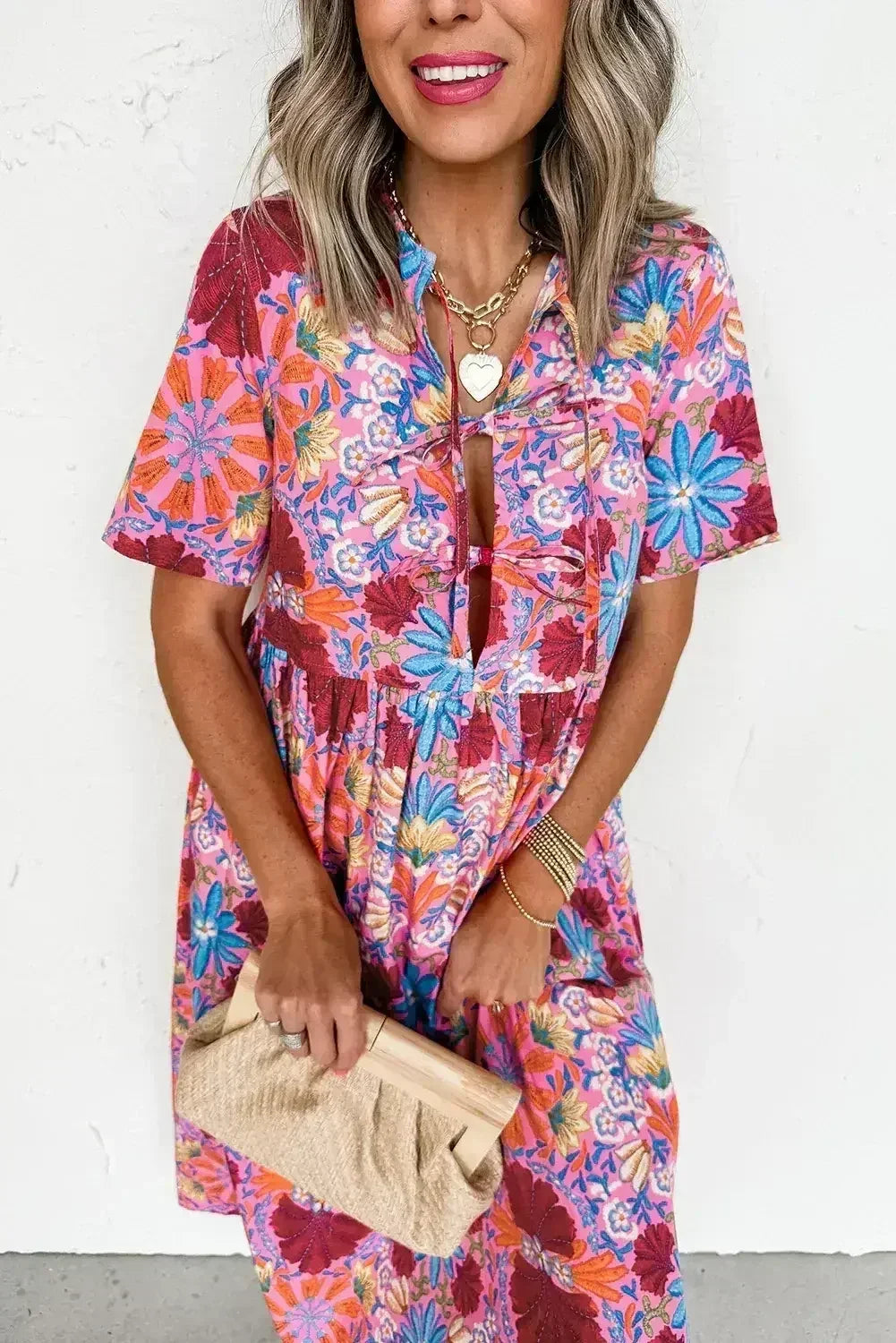 Rose Floral Print Tie Front High Waist Loose Midi Dress - Femstylo