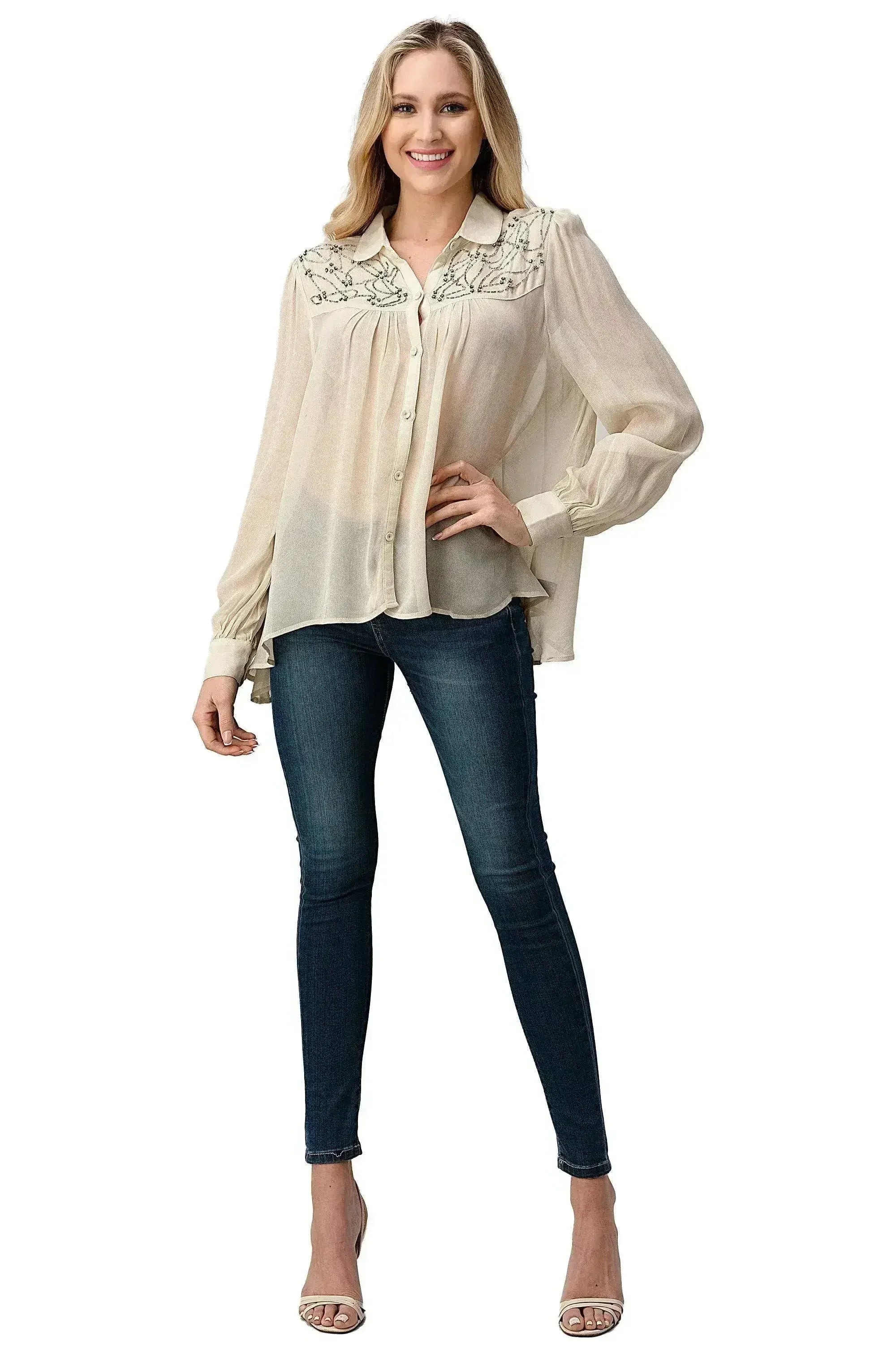 Embroidered Sheer Button-Up Blouse – Casual Elegance - Femstylo
