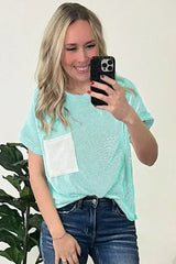 Pink Corded Colorblock Pocket Crew Neck T Shirt - Femstylo