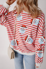 Orange Stripe Sequin Santa Claus Patch Application Loose Fitting Sweatshirt