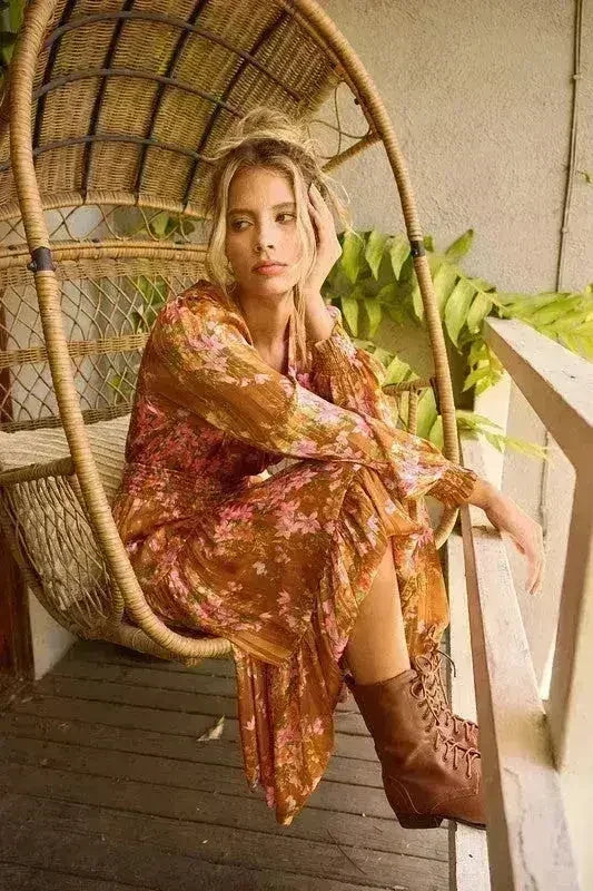 Mittoshop Flower Print Satin Lurex Stripe Smocked Midi Dress - Femstylo