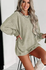 Green Ribbed Knit Sweatshirt - Round Neck Pullover | Femstylo - Femstylo