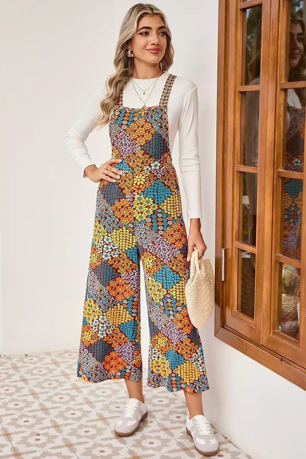 Multicolour Boho Floral Print Cropped Wide Leg Overalls - Femstylo