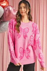 Pink Bow Pattern Drop Sleeve Loose Sweater - Femstylo
