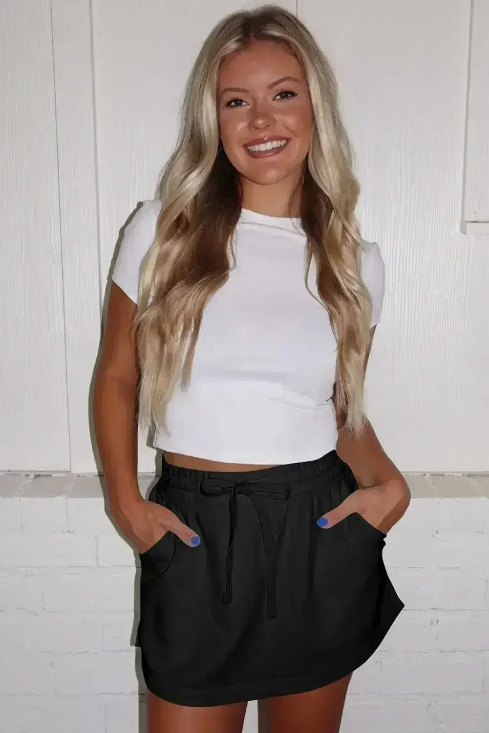 Black French Terry Drawstring Mini Skort with Pockets - Femstylo