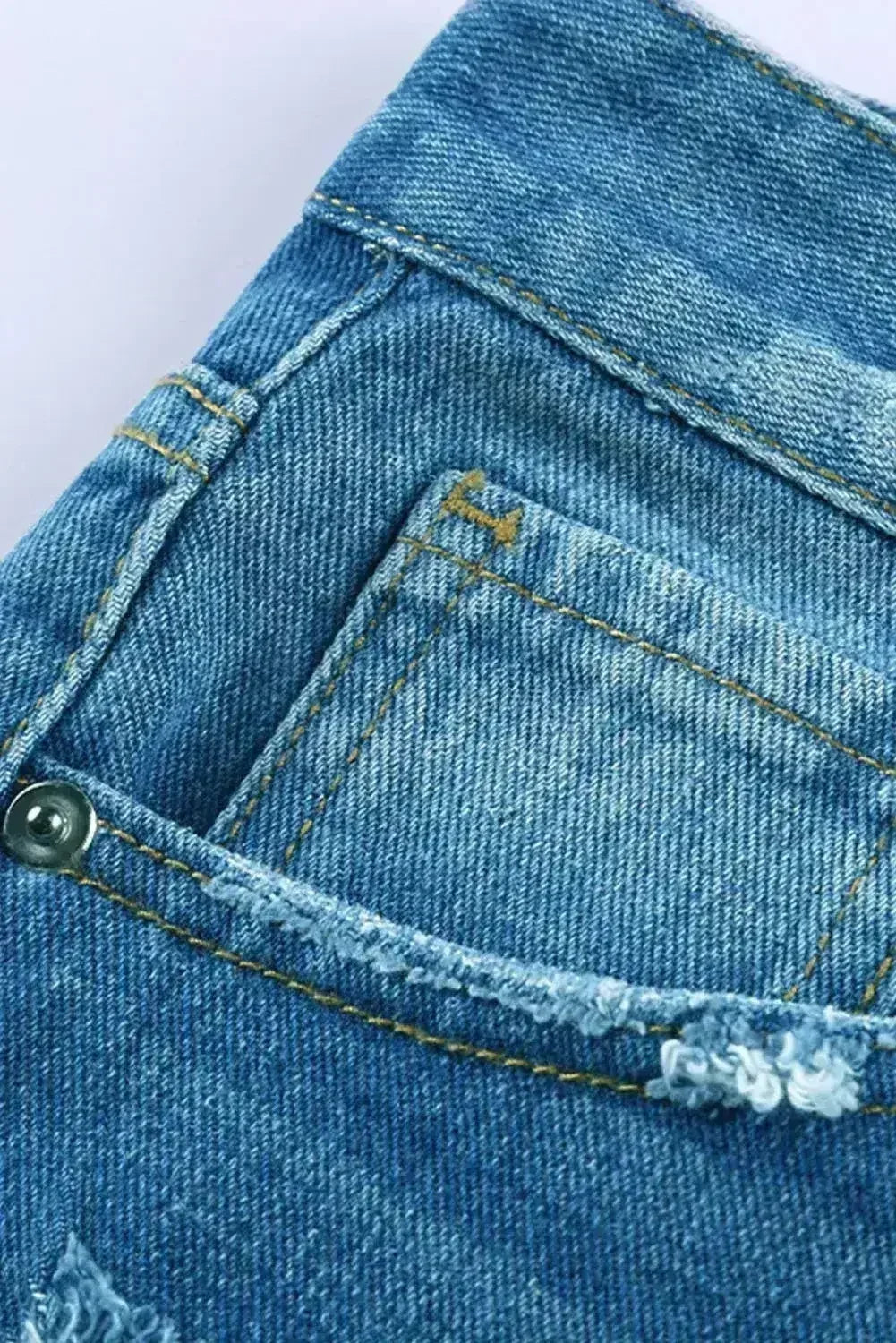 Distressed Mid Rise Frayed Hem Denim Shorts - Femstylo