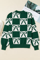 Blackish Green Bow Print Checkered Knit Sweater