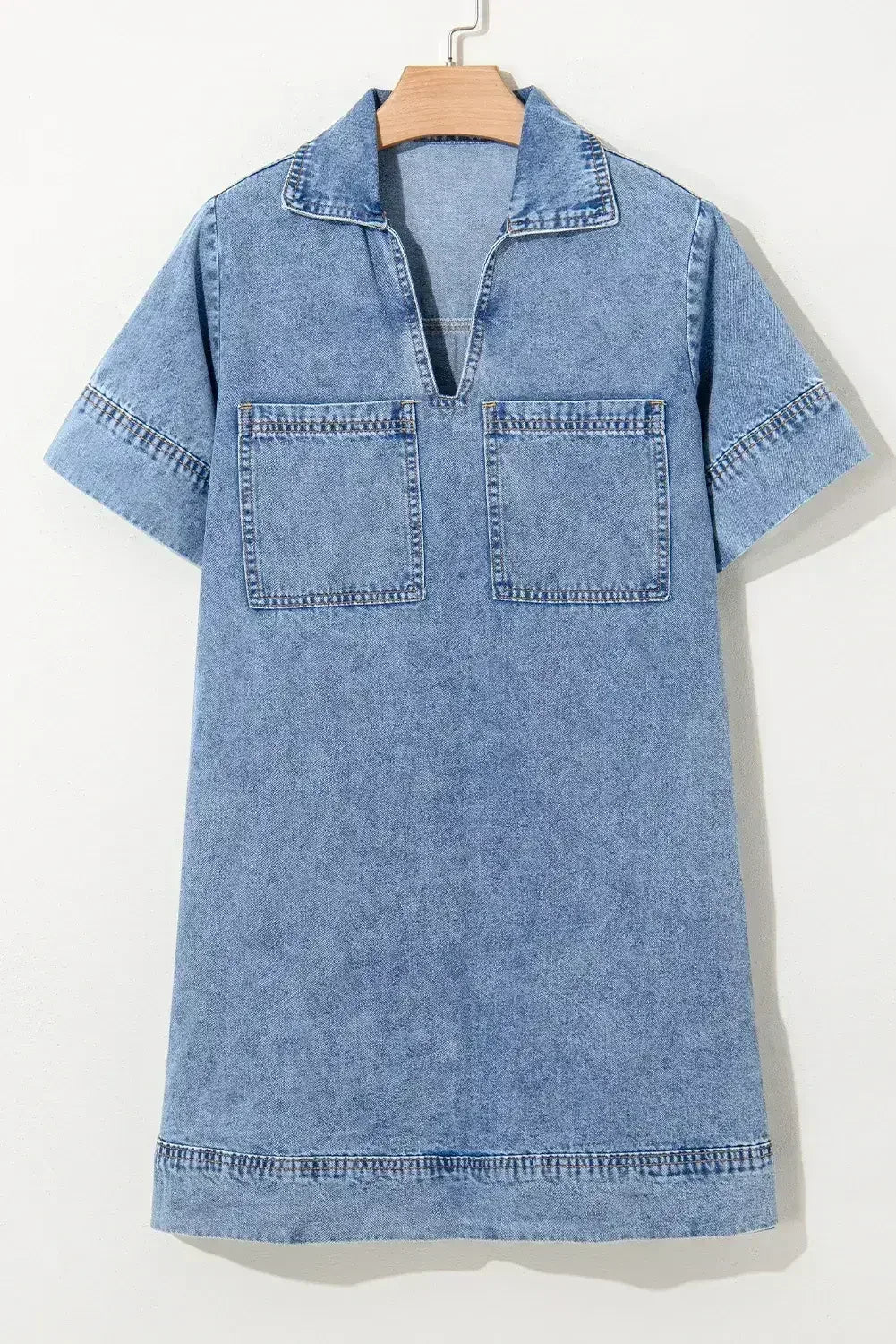Beau Blue Short Sleeve Collared Chest Pocket Denim Mini Dress - Femstylo