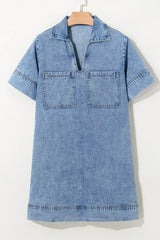 Beau Blue Short Sleeve Collared Chest Pocket Denim Mini Dress - Femstylo