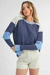 Aemi + Co Raw Seam Color Block Round Neck Knit Top - Femstylo