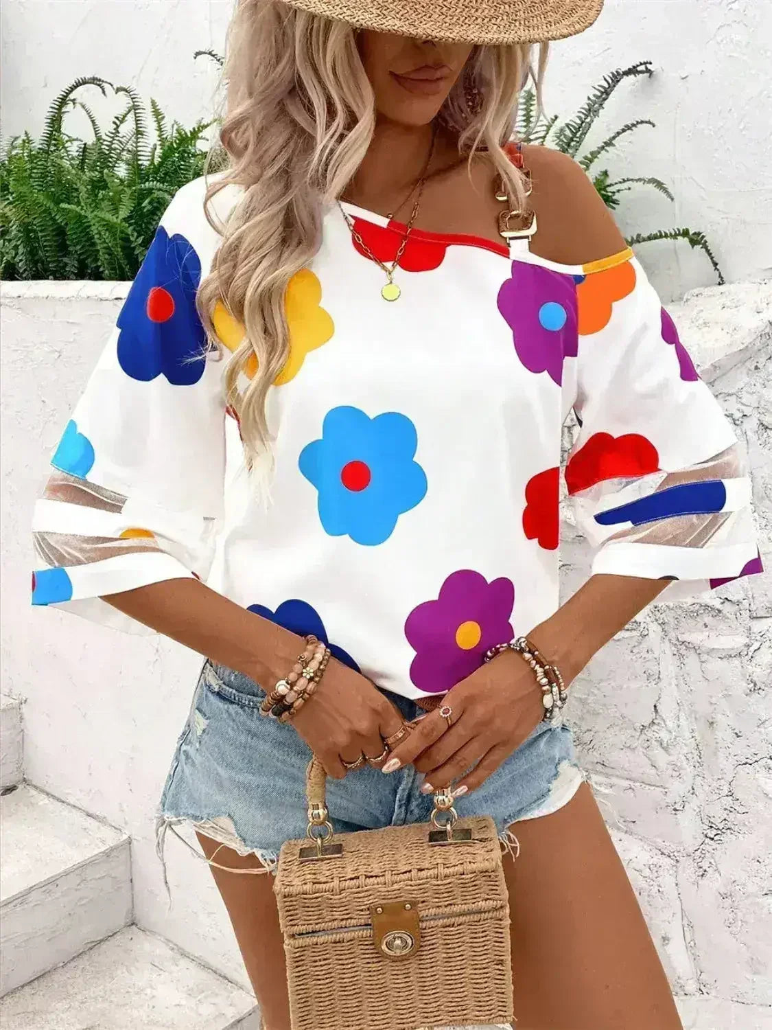 White Color Flower Asymmetrical Neck Blouse | Femstylo - Femstylo