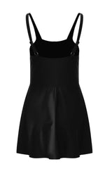 Black Side Tied Waist Square Neck Adjustable Straps A Line One Piece Swim Dress - Femstylo