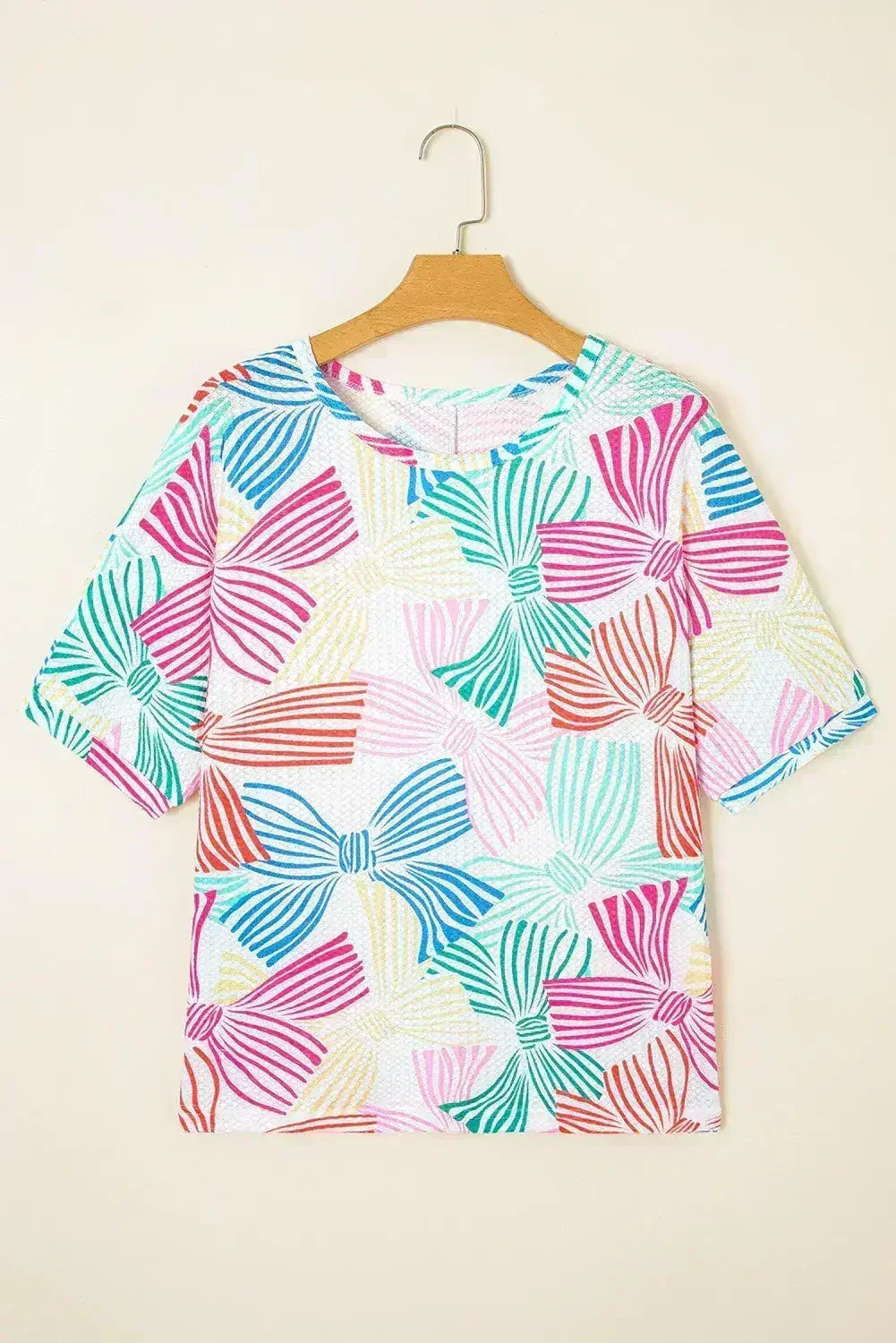 Sky Blue Bowknot Print Waffle Loose Tee - Femstylo