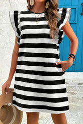 Black Stripe Flutter Sleeve Round Neck Shift Mini Dress - Femstylo