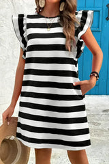 Black Stripe Flutter Sleeve Round Neck Shift Mini Dress - Femstylo