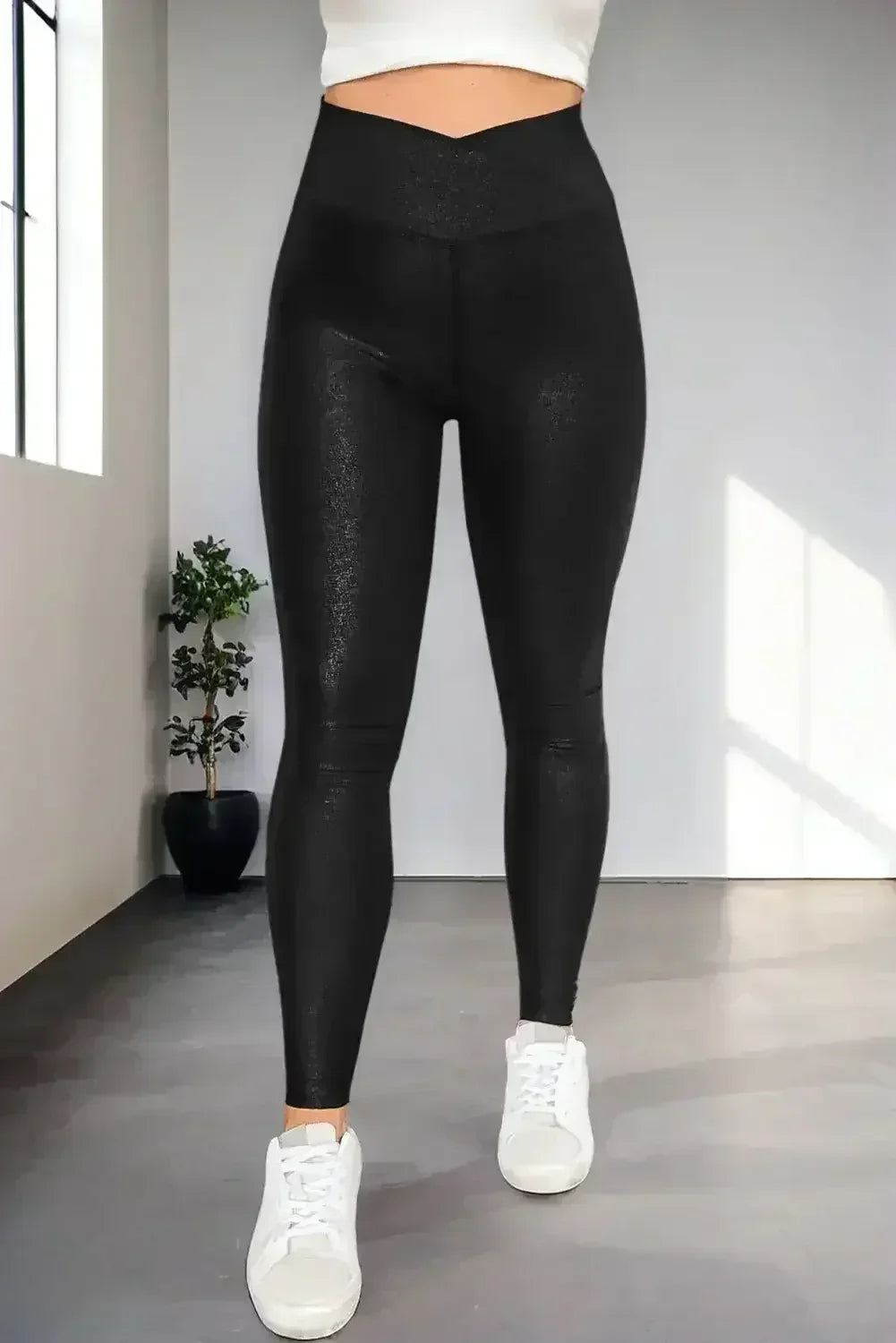 Black Crossed Dip Waist Sleek Leather Leggings - Femstylo
