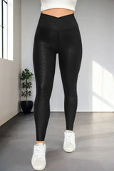 Black Crossed Dip Waist Sleek Leather Leggings - Femstylo