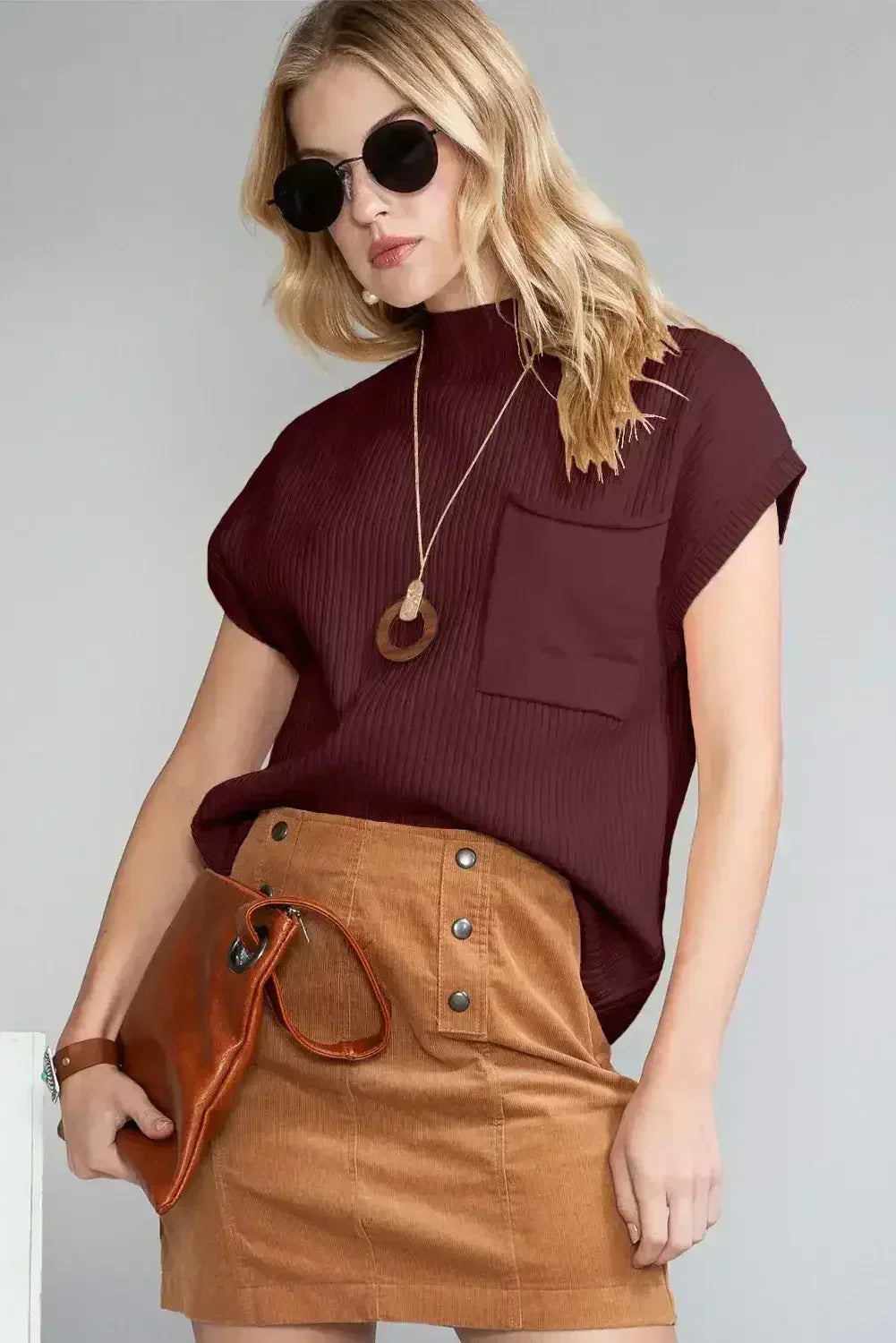 Mineral Red Patch Pocket Ribbed Knit Short Sleeve Sweater - Femstylo