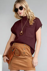 Mineral Red Patch Pocket Ribbed Knit Short Sleeve Sweater - Femstylo