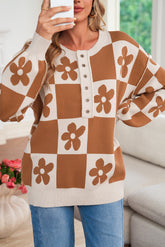 Thai Curry Flower Colorblock Checkered Henley Sweater