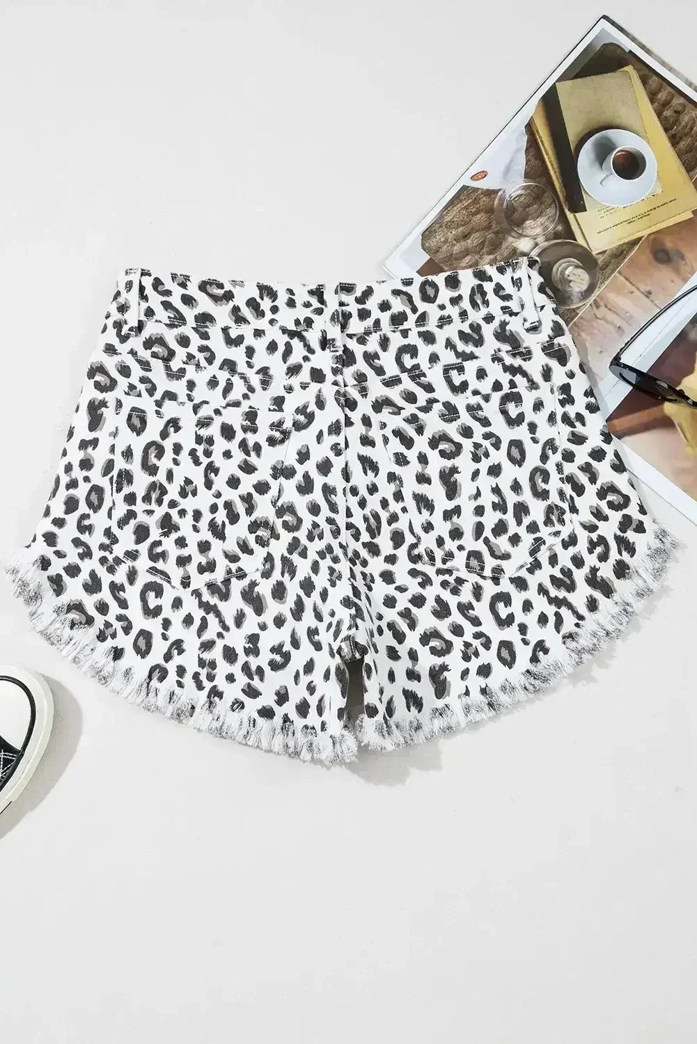 White Leopard Frayed Hem Denim Shorts - Femstylo