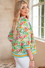 Green Floral Print Striped Trim Puff Sleeve Babydoll Blouse - Femstylo