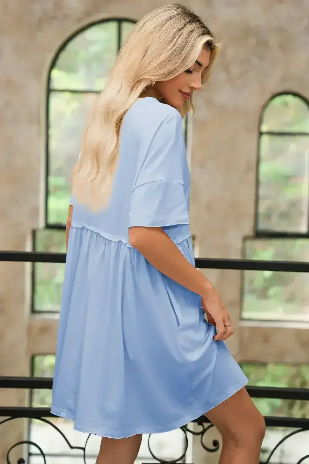 Sky Blue Solid Color Pocket Raw Edge Babydoll Dress - Femstylo