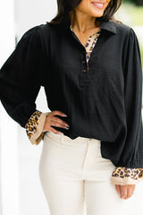 Black Leopard Contrast V Neck Long Sleeve Blouse