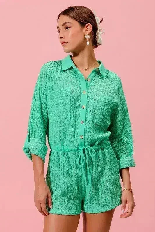SO ME Textured Knit Button Front Romper - Femstylo