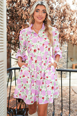 Pink Floral Print Striped Trim Flowy Mini Dress