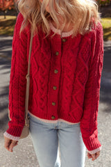 Racing Red Contrast Edge Twist Cable Knit Buttoned Cardigan