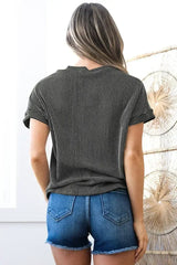 Pink Corded Colorblock Pocket Crew Neck T Shirt - Femstylo