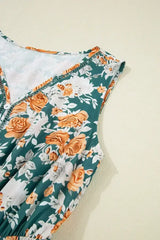 Green Floral Print Trimmed V Neck Sleeveless Vacation Dress - Femstylo