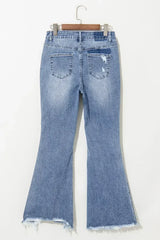 Dusk Blue High Rise Ripped Distressed Hem Flared Jeans - Femstylo