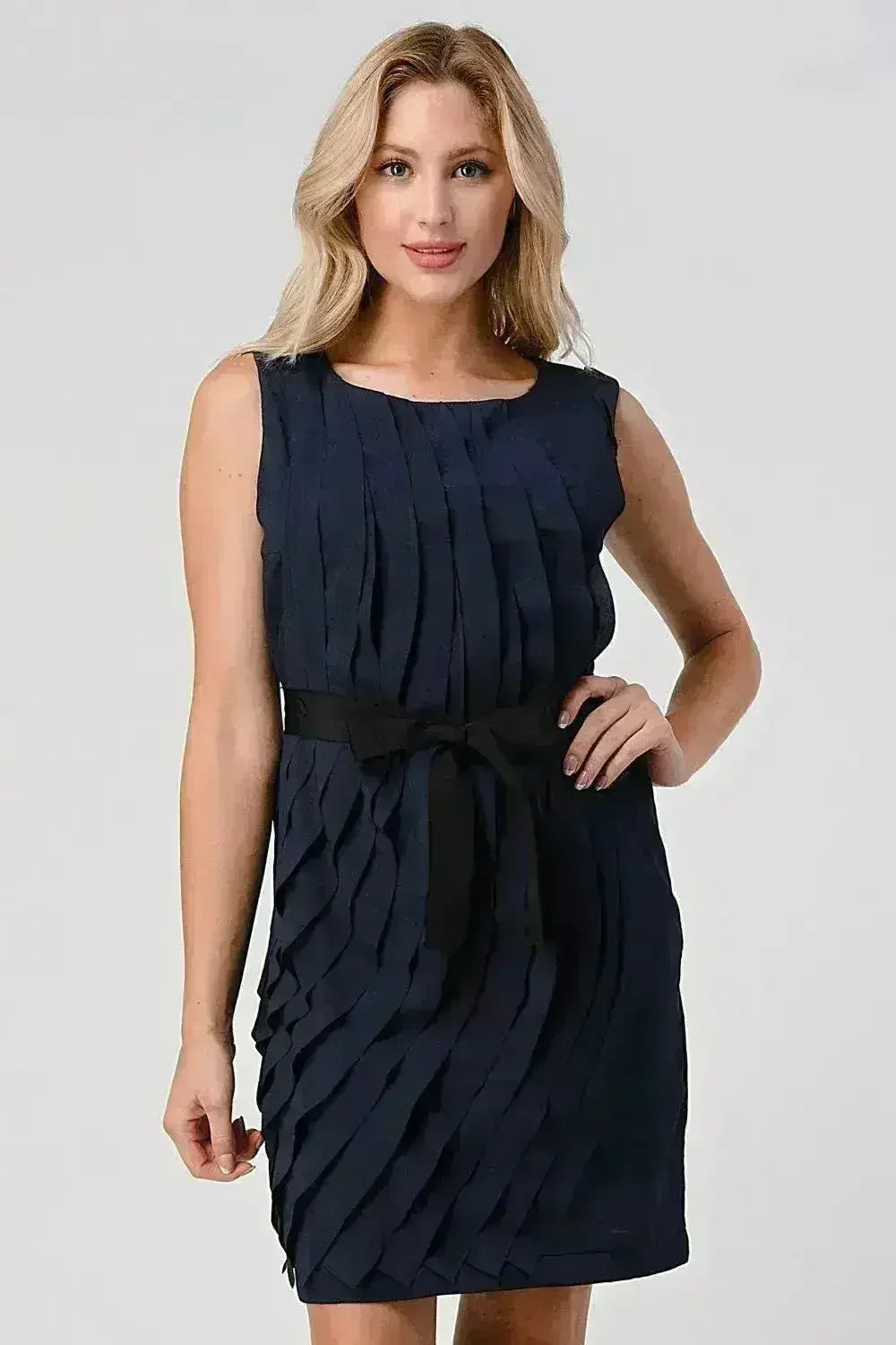 Women's Sleeveless Pleated Shift Dress with Waist Tie - Femstylo