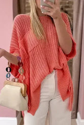 Salmon Rolled Cuff Knit Tee - Oversized Comfort | Femstylo - Femstylo