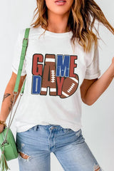 White Football Letter Graphic Crewneck T-Shirt – Sporty Casual Tee