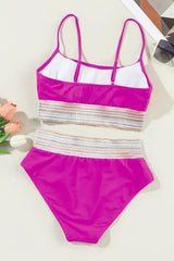 Rose Striped Patchwork Spaghetti Strap High Waist Bikini Set - Femstylo