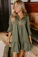 Jungle Green Quarter Zip Collar Bracelet Sleeve Textured Mini Dress