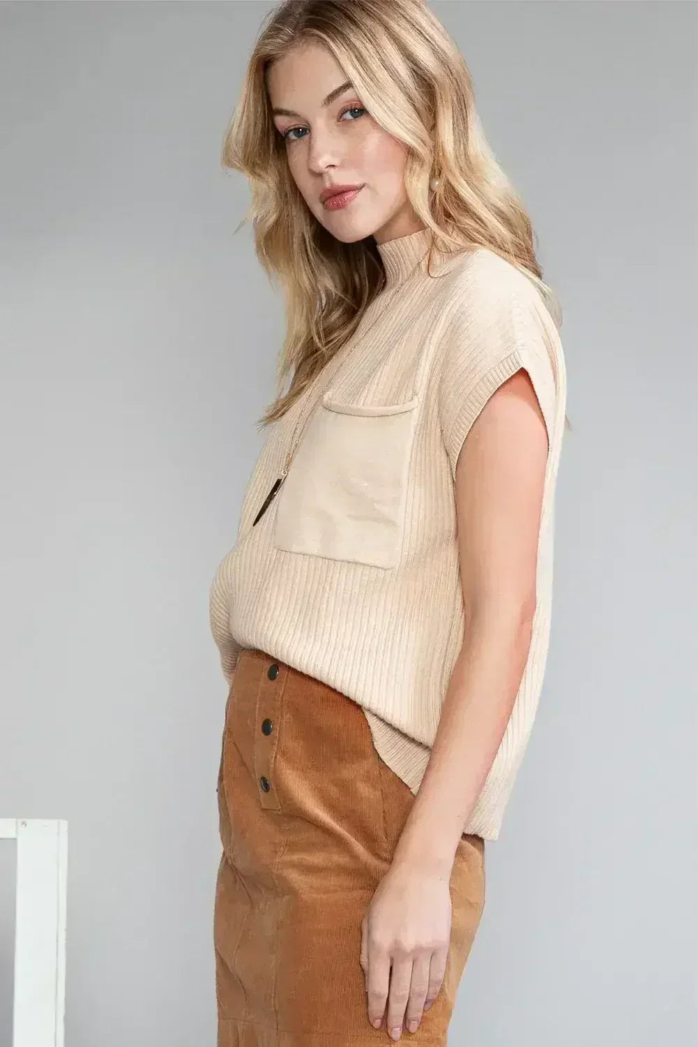 Mineral Red Patch Pocket Ribbed Knit Short Sleeve Sweater - Femstylo